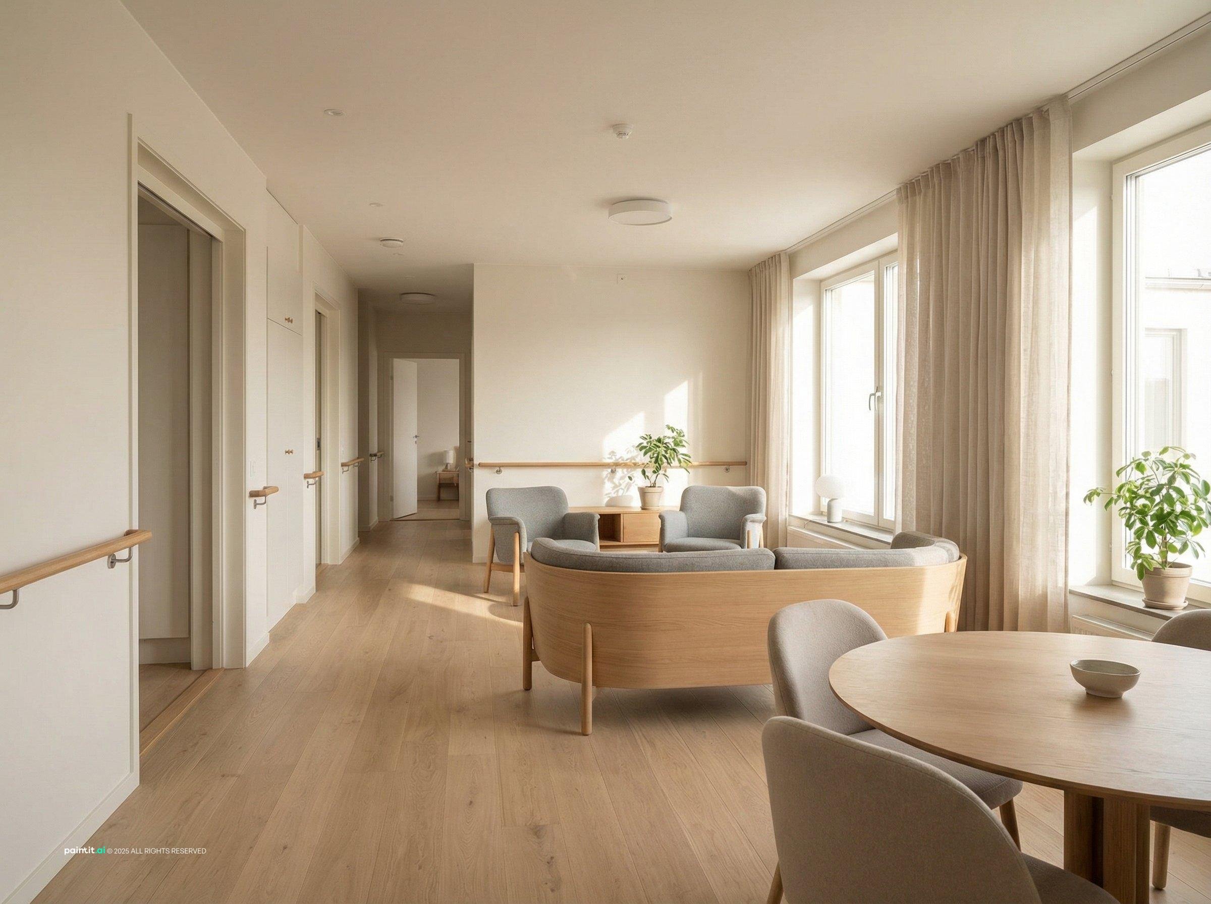 Wide corridor with a wall handrail and light oak floor opening onto a sunny lounge with a curved sofa and round table