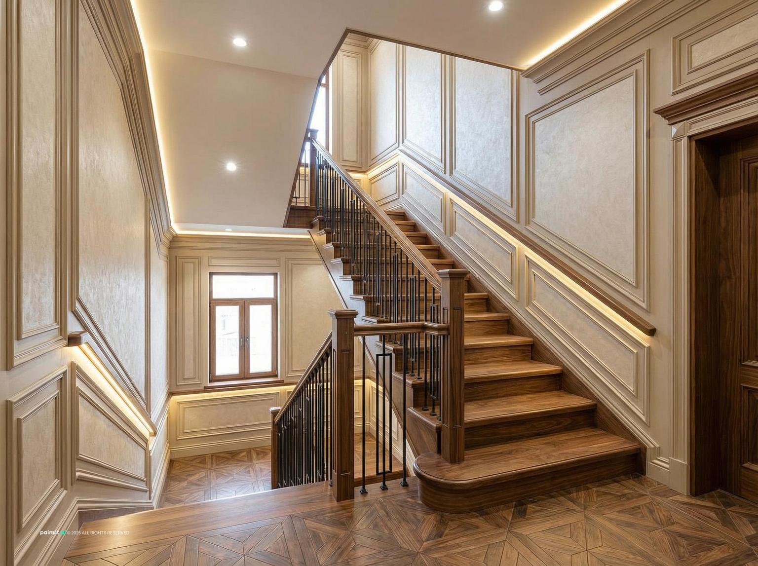 Staircase wall treatment with paneling