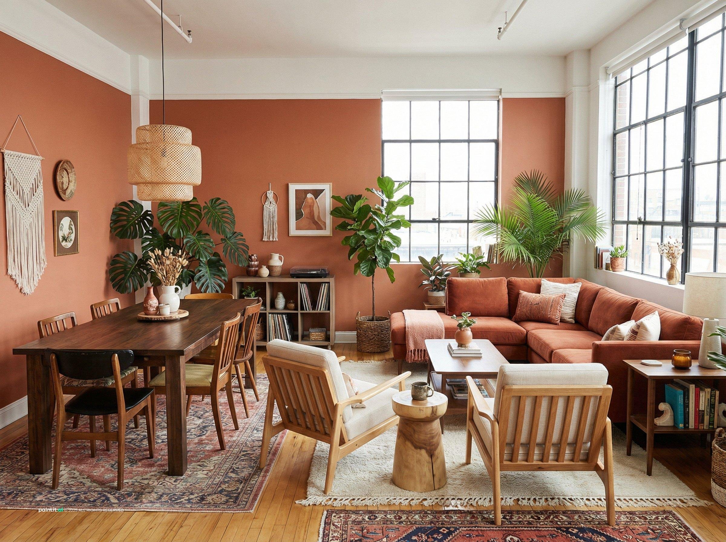 Boho living and dining room with a terracotta wall, macramé and a wooden table