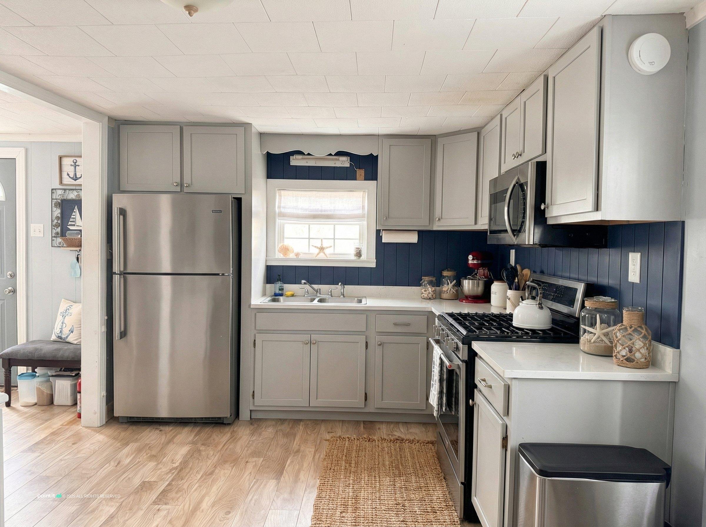 New England coastal Colonial interior with painted wood navy accents and natural light 1