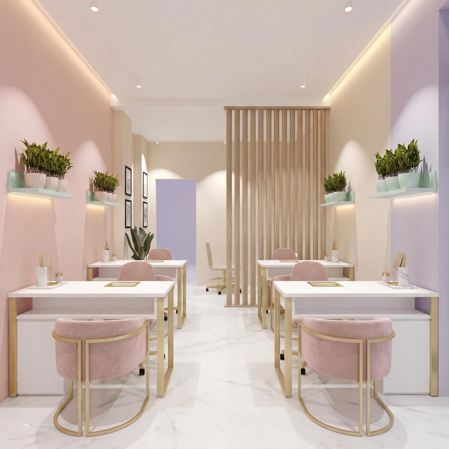 Nail salon with blush velvet chairs, white manicure tables, a slatted wood screen and mint shelves with plants