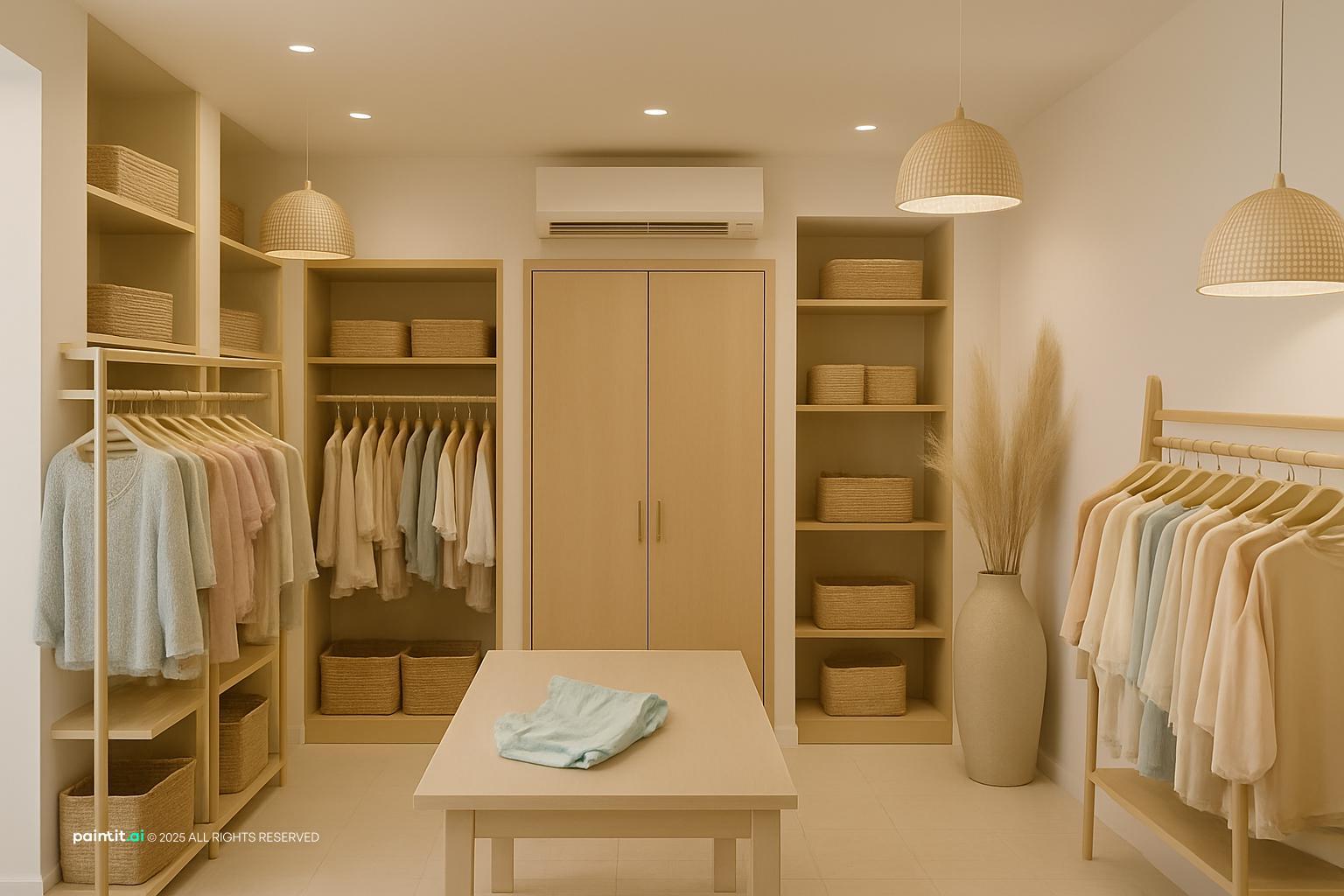 Women's clothing store with built-in wall niches for stock, rails and a central table