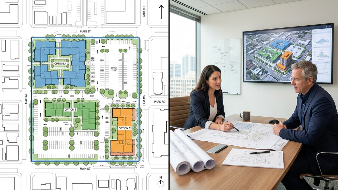 Architect and development manager comparing AI-assisted massing options for a site feasibility review.