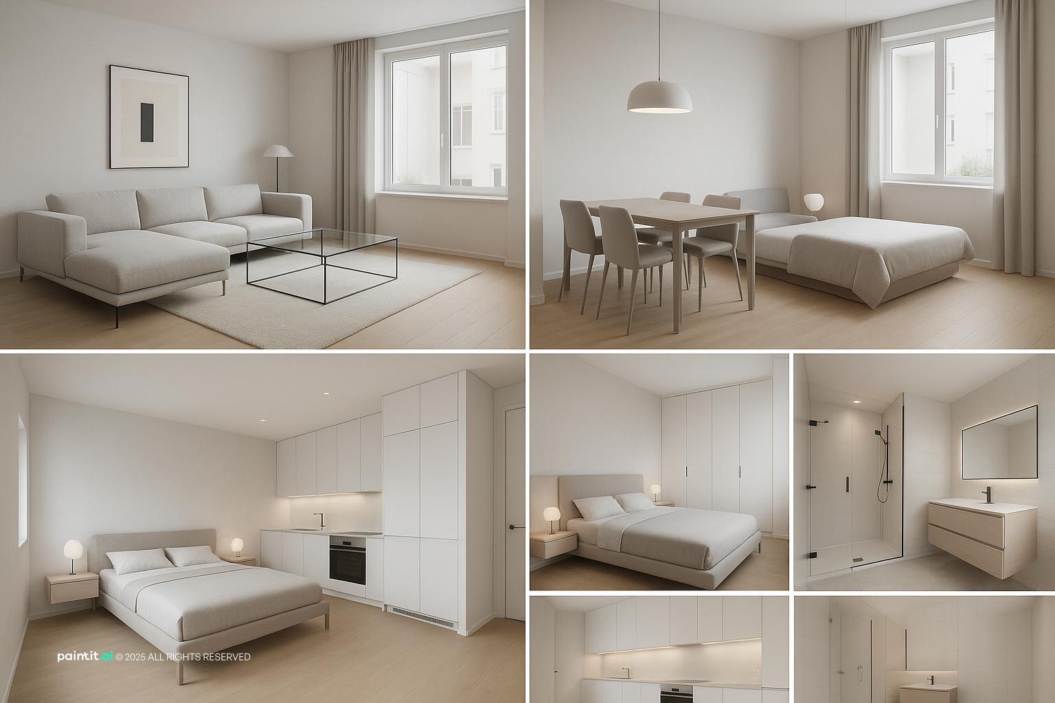 Modern Minimalist Interior Design for 2-Bedroom Apartment, with living room hinting at 80s luxury.