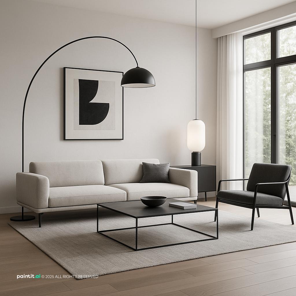 Modern Minimalist Living Room Design showing metal accents, clean-lined furniture, layered neutrals for Modern Living Room Ideas.