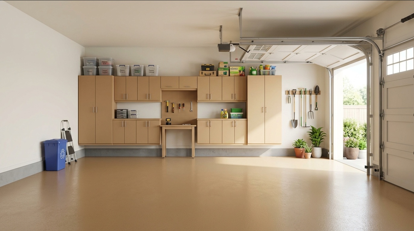 tidy double garage floor in a warm tan 1-part epoxy finish