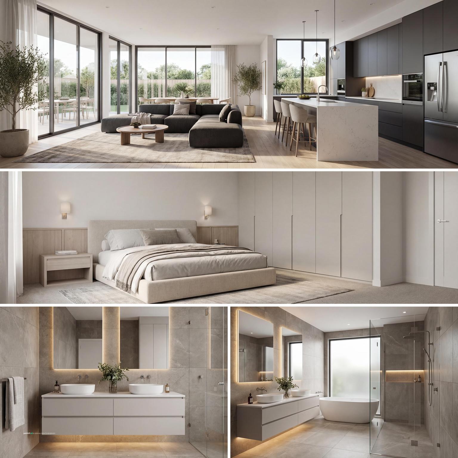Ultra-modern 80s inspired living room interior design, combining sleek lines, geometric forms, and subtle natural accents for a chic look.