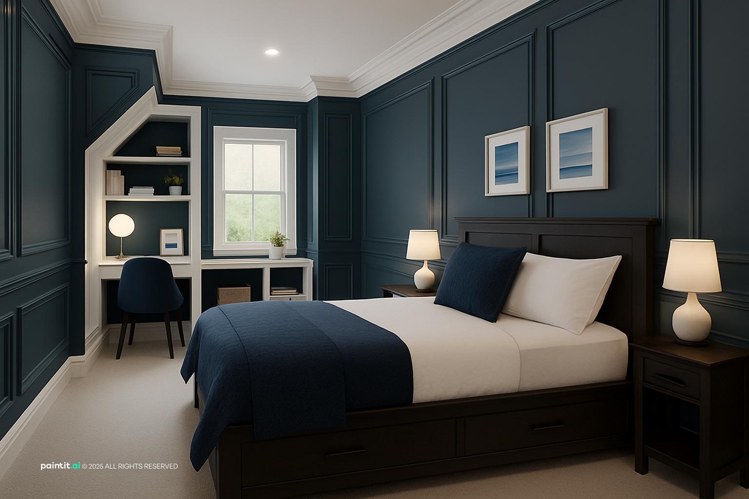 Bedroom with navy wall molding, a built-in white desk and shelves, and white bedding
