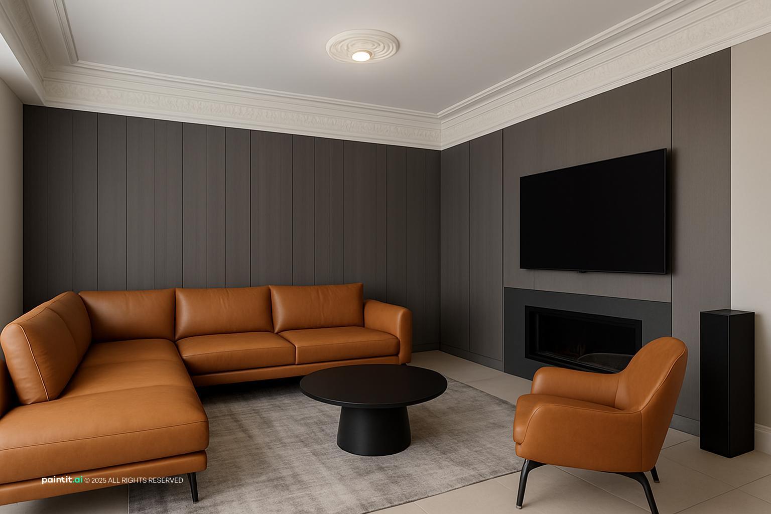 Living room with a cognac leather sectional, grey walls and a black round table