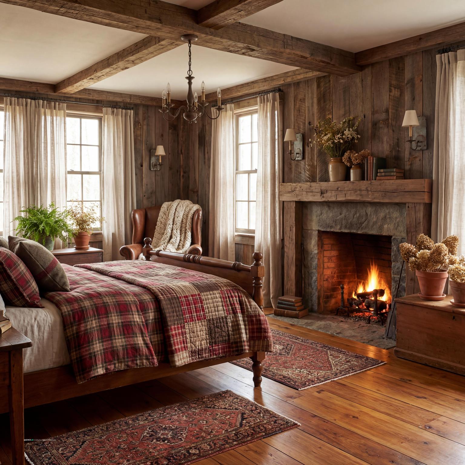 Rustic bedroom with reclaimed wood paneling, a plaid quilt, a stone fireplace and a patterned rug