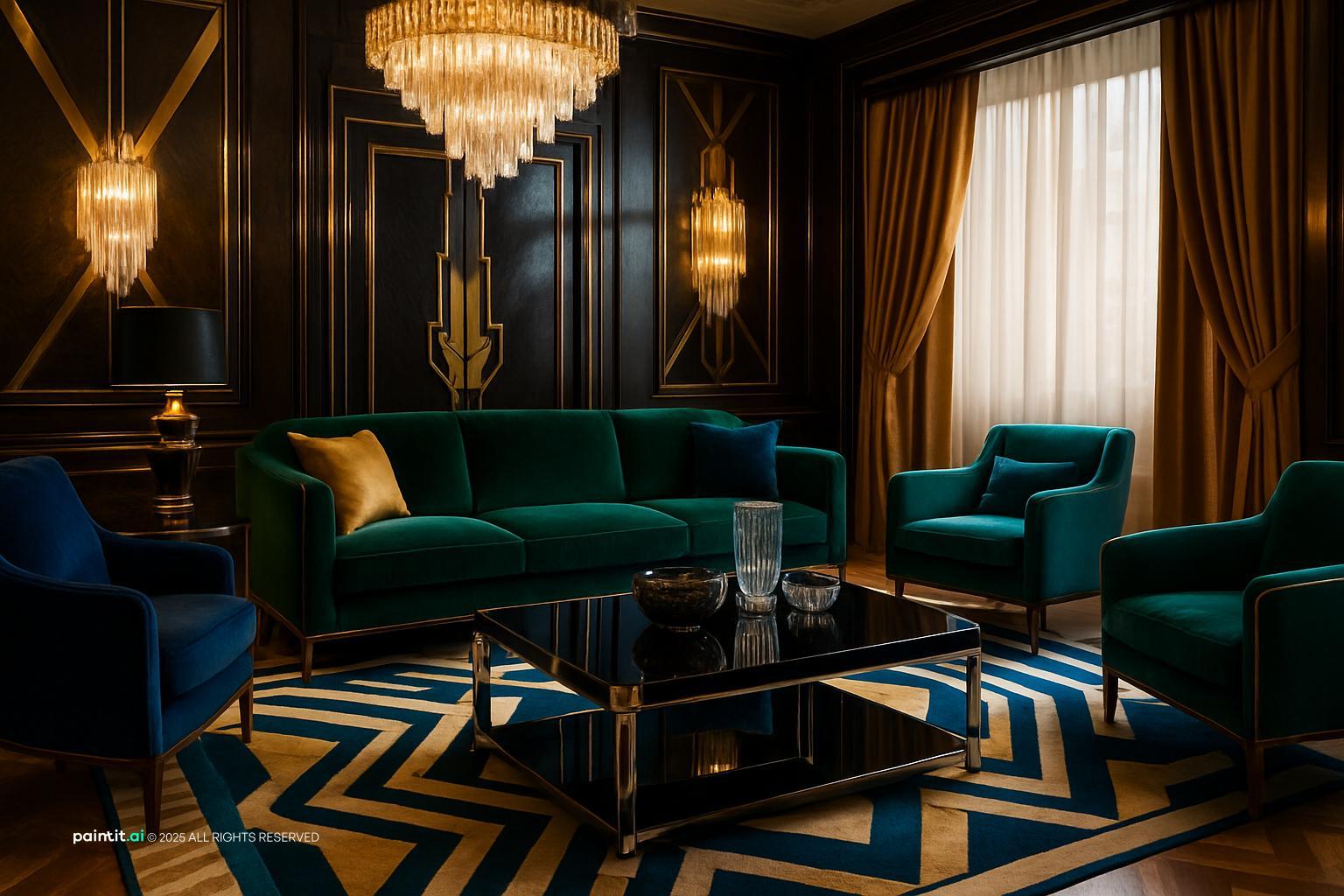 Art Deco living room with dark wood paneling, emerald velvet chairs, a geometric rug and a glass coffee table