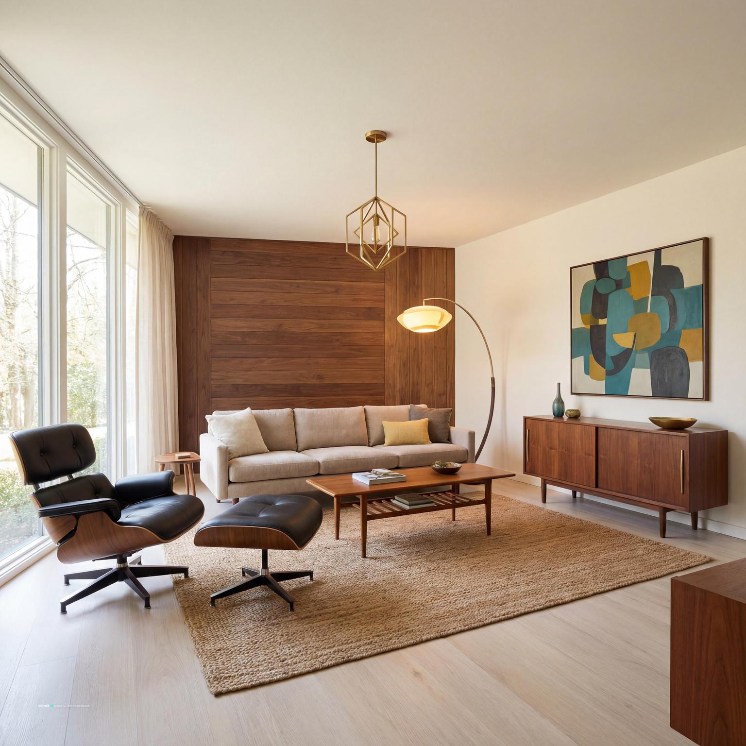 Stylish Mid-Century Modern 1960s living room with an Eames chair, walnut details, and bold accents, capturing the era's sleek lines.