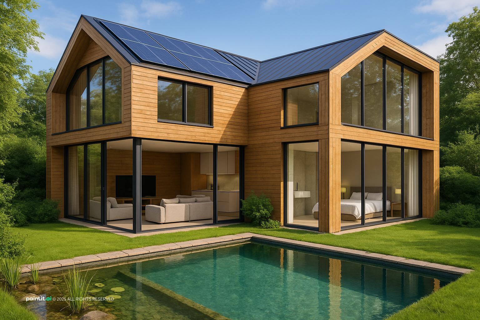 Wooden House Living Room Design with floor to ceiling windows and a calm living room atmosphere.