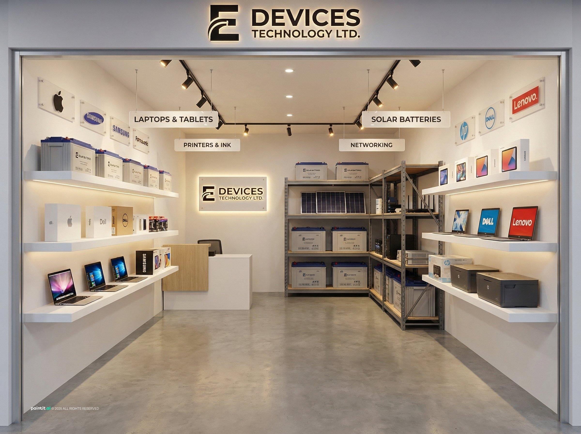 Compact tech store with lit wall displays and a central shelving unit