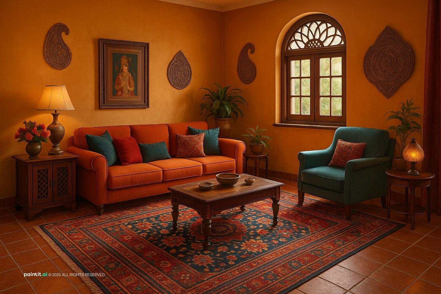 Vibrant Indian Accent Living Room Design showing painted wall color, natural light for Living Room Wall Paint Ideas.