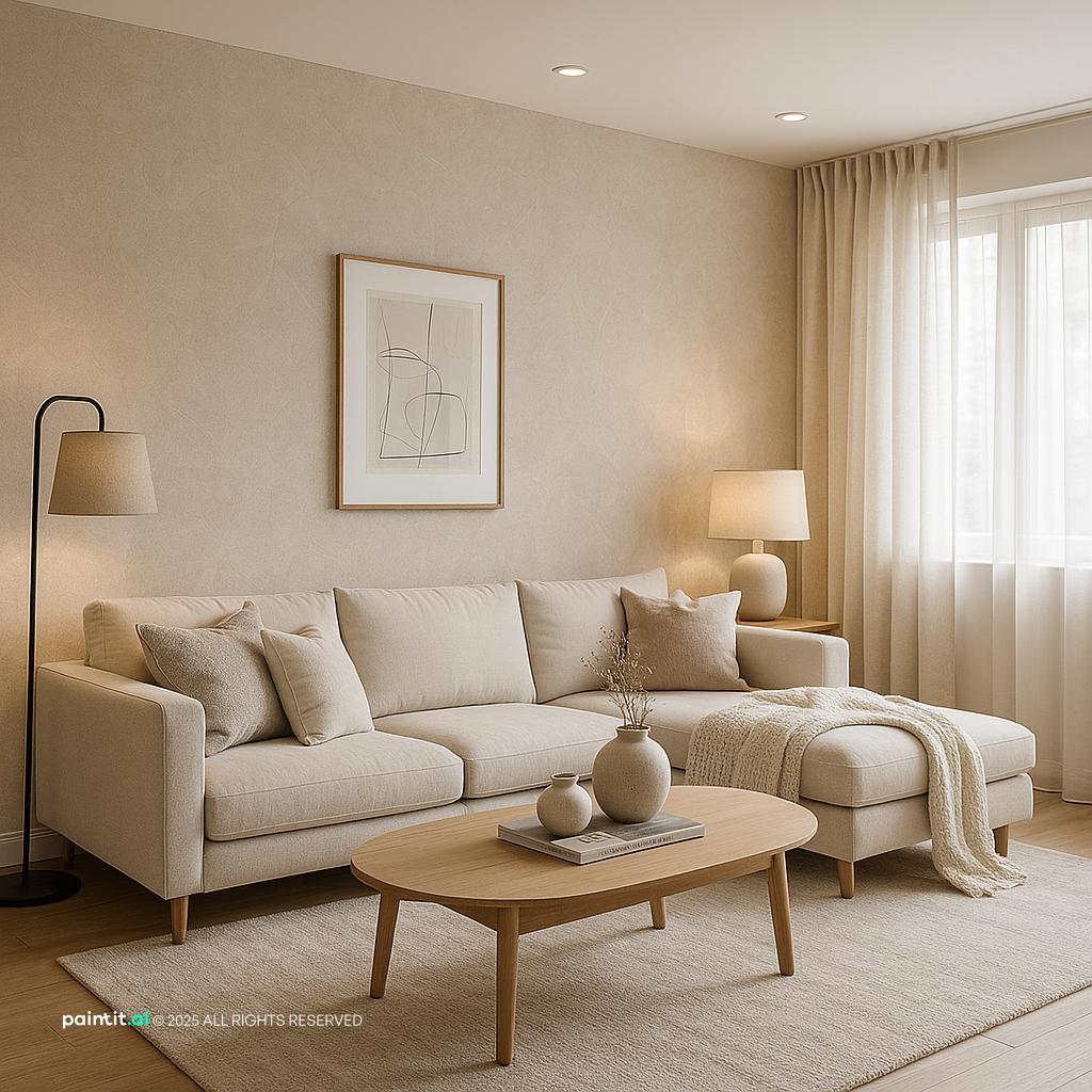 Cozy Contemporary Living Room Design showing accent wall contrast, soft textiles, layered neutrals for Living Room Accent Wall Ideas.