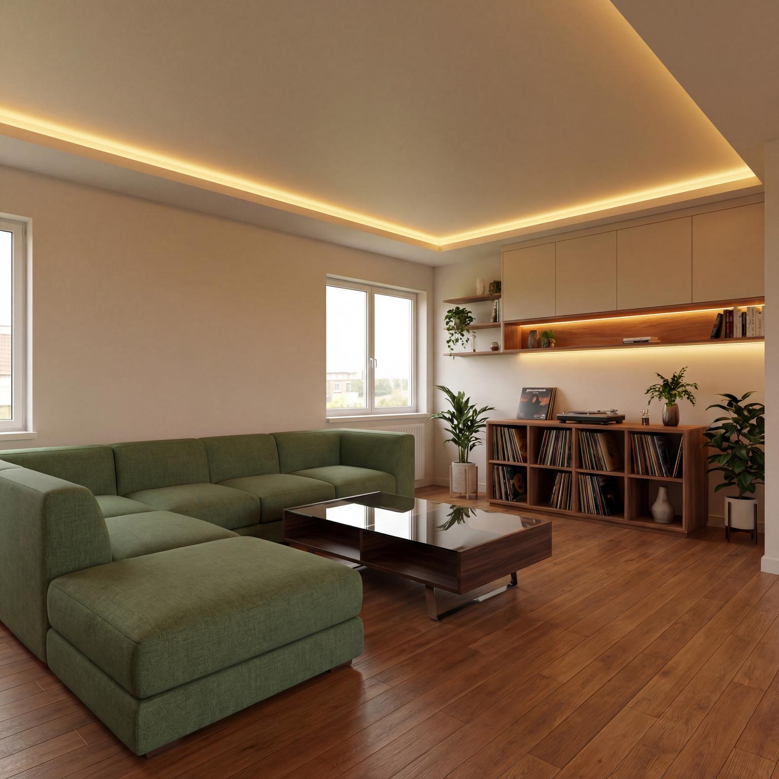 Minimalist Green Living Room Mood Board blending clean aesthetics with refreshing green accents, natural light, and simple, functional furniture.