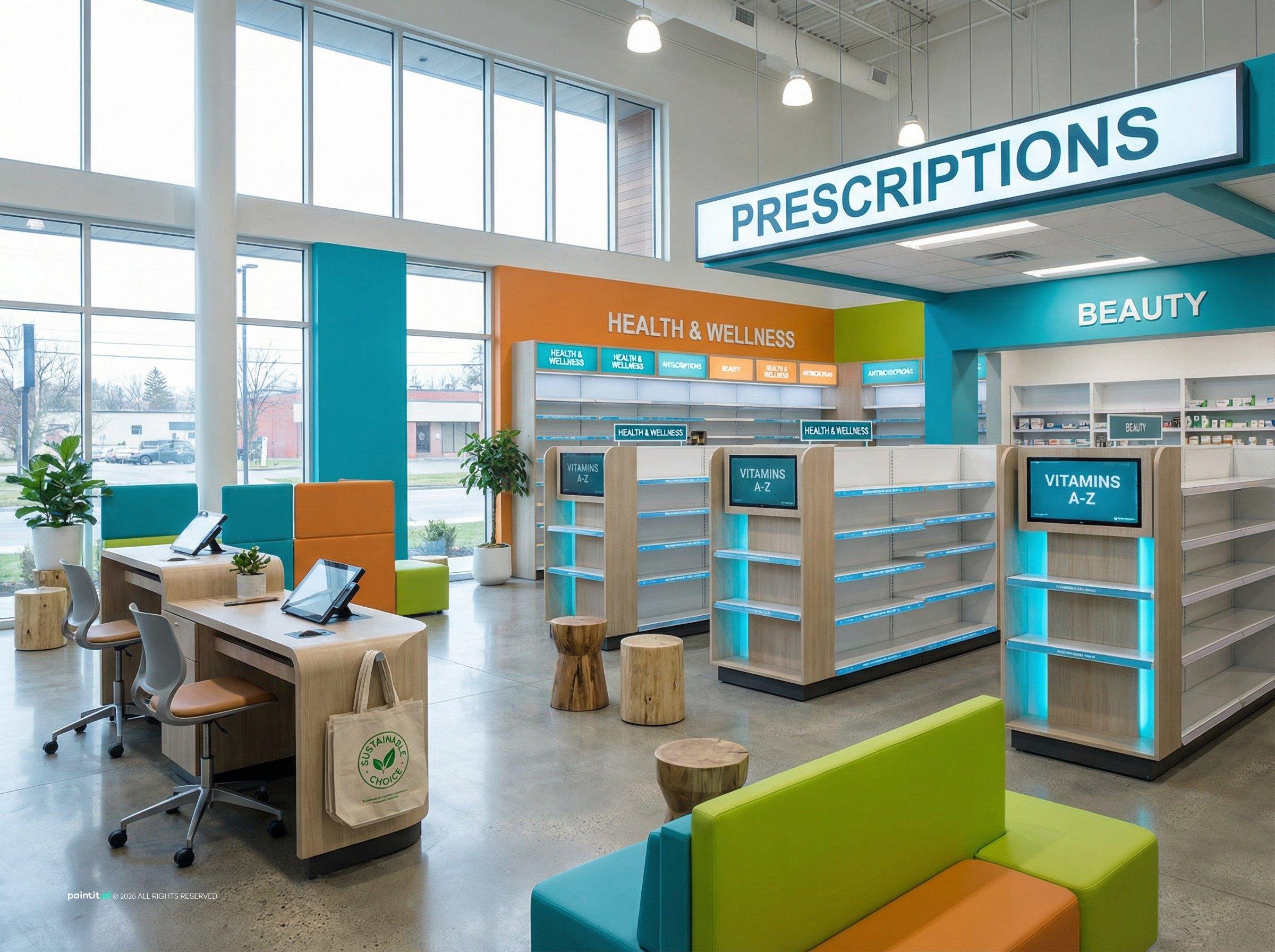 Modern pharmacy with a prescriptions counter, bright signage and low shelving
