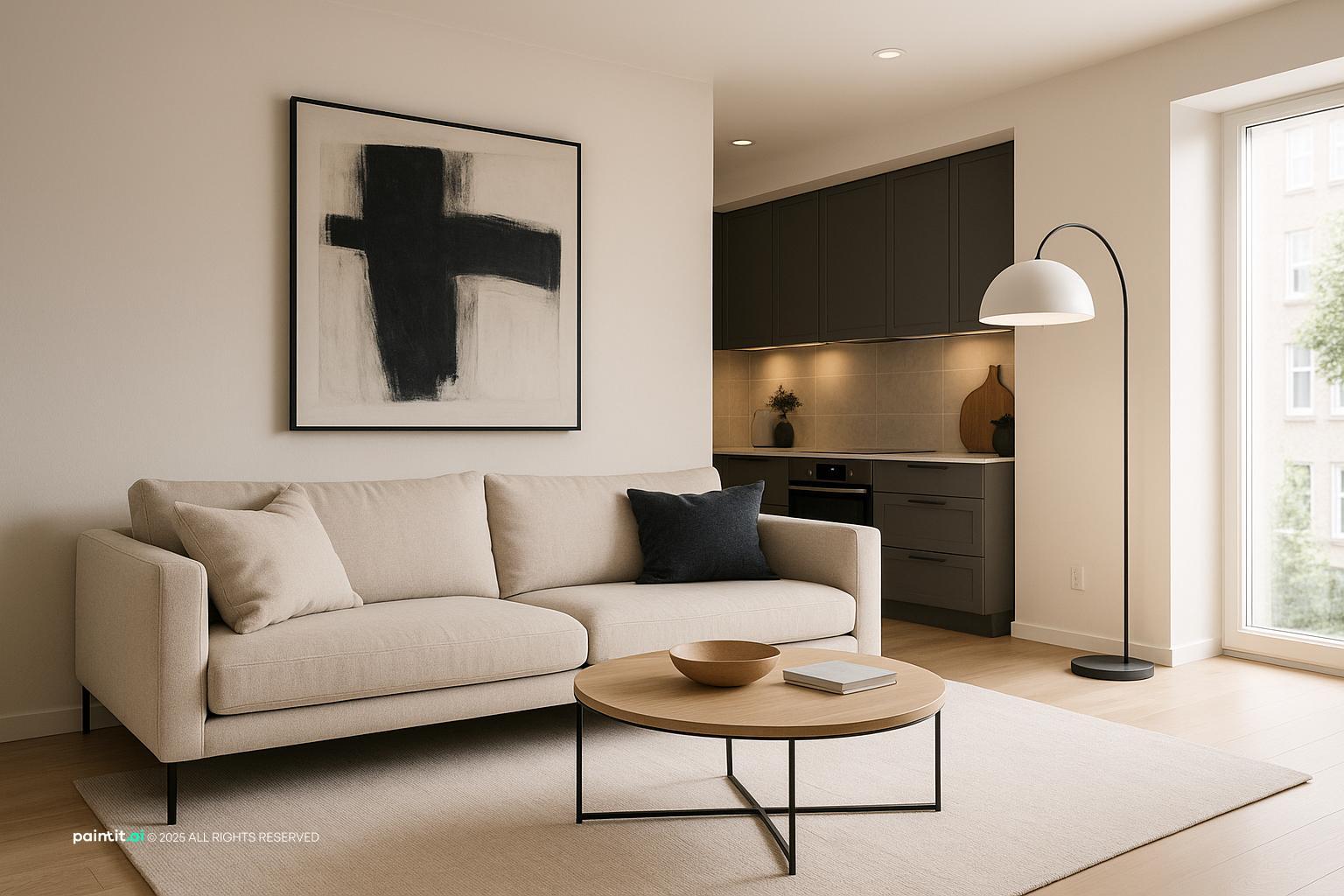 Modern Living Room with Kitchen Integration inspired by Modern Black and Beige Living Room