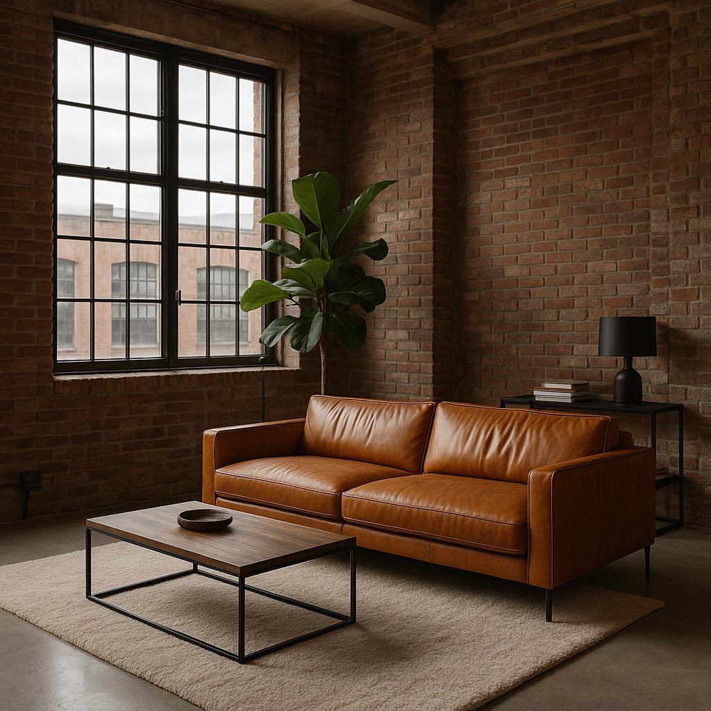 Living Room with Exposed Brick with Steel Details for New York Loft Style Interior Design
