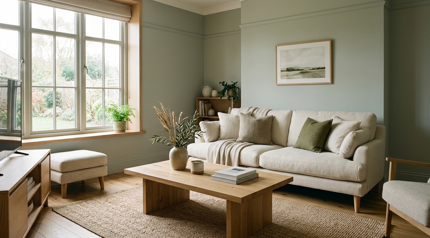 cozy living room with soft silver-sage green walls