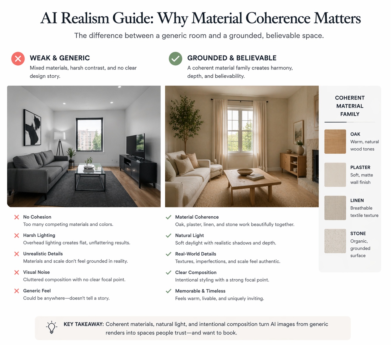 Comparison showing how stronger material language creates more believable AI interior results