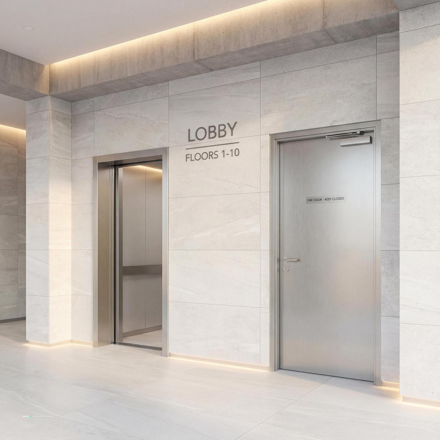 Commercial lobby with two stainless elevator doors, a fire door and pale stone walls