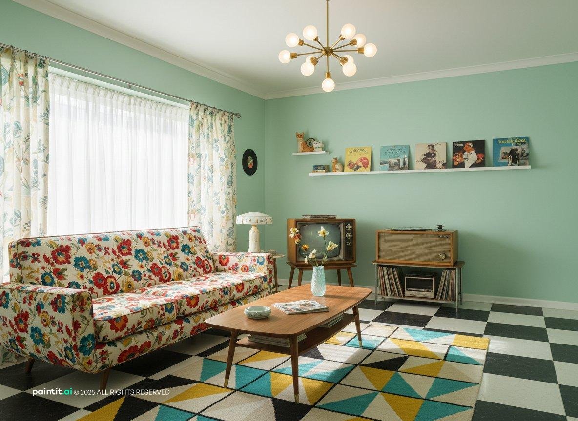 1950s living room with mint walls, a floral sofa, a black and white checkered floor and a sputnik chandelier