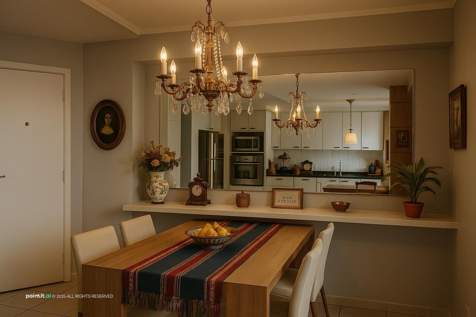 Dining room with traditional chandelier and warm Italian-inspired decor