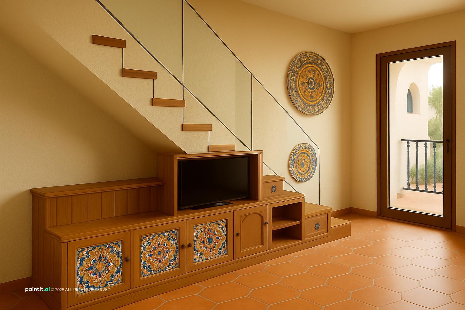 Staircase with a built-in wooden unit underneath faced with painted Spanish tiles