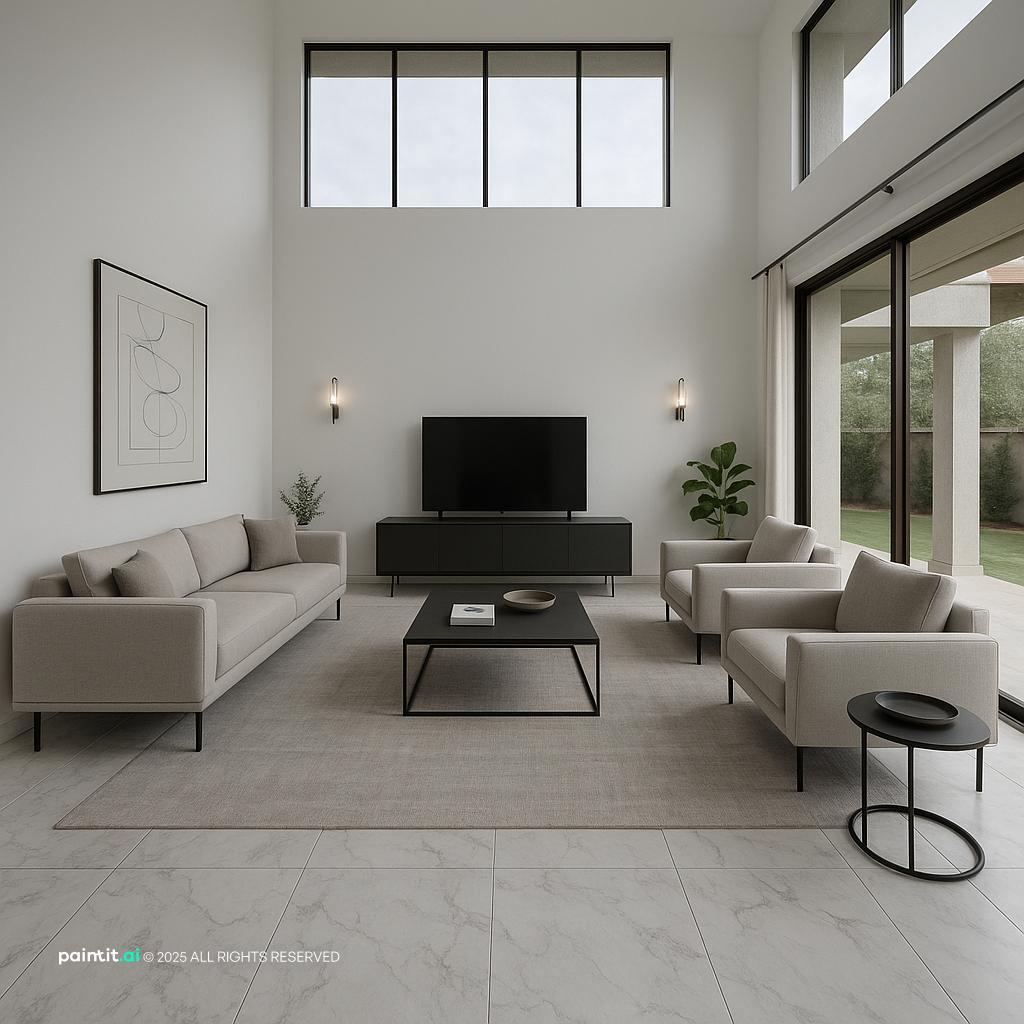 Minimalist living room with a glimpse of the upper floor