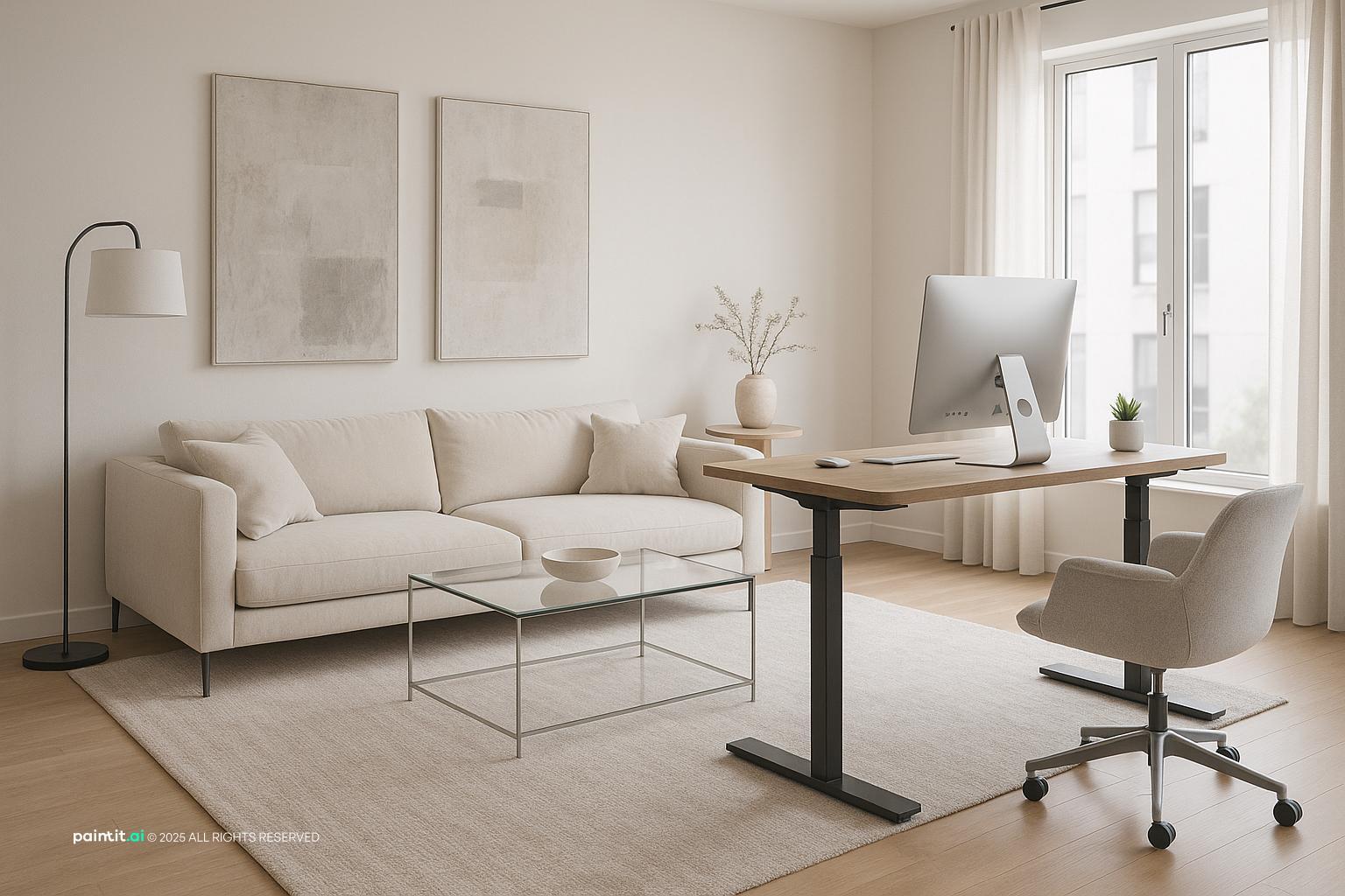 Contemporary Living Room with Adjustable Desk showing work-from-home zone, clean-lined furniture, layered neutrals for Home Office In Living Room Ideas.