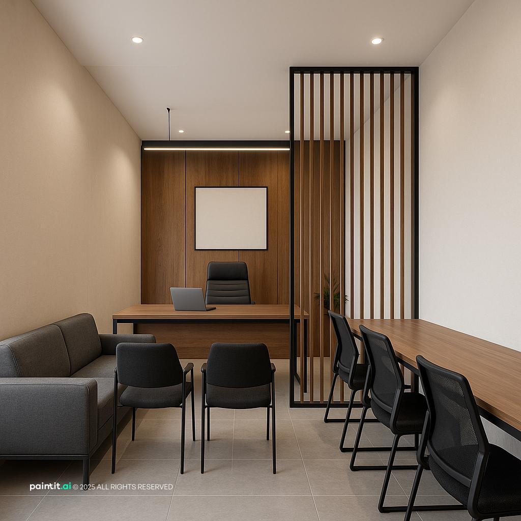 Minimal office with clean desk layout and storage