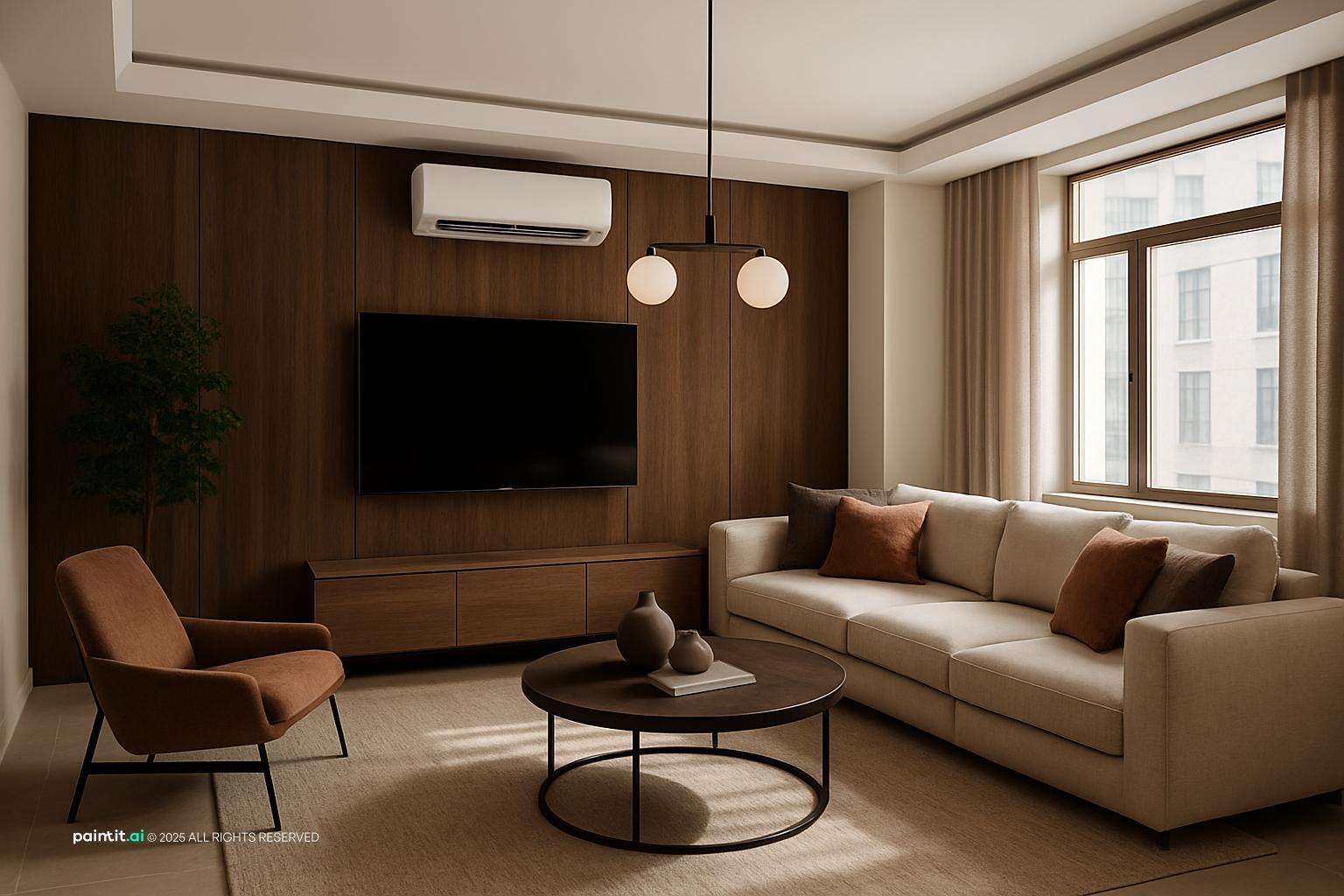 Contemporary living room with a wood-paneled TV wall, a beige sofa, an orange armchair and globe pendants