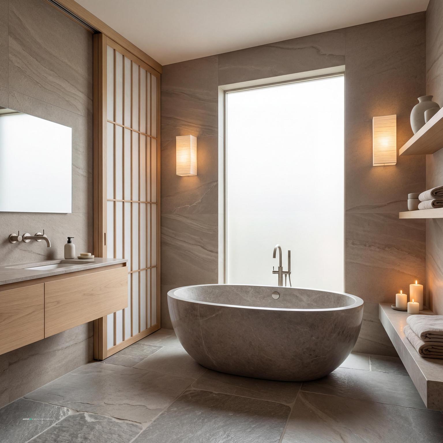 Serene Japandi Bathroom with Stone Texture for Muji Style Interior Design