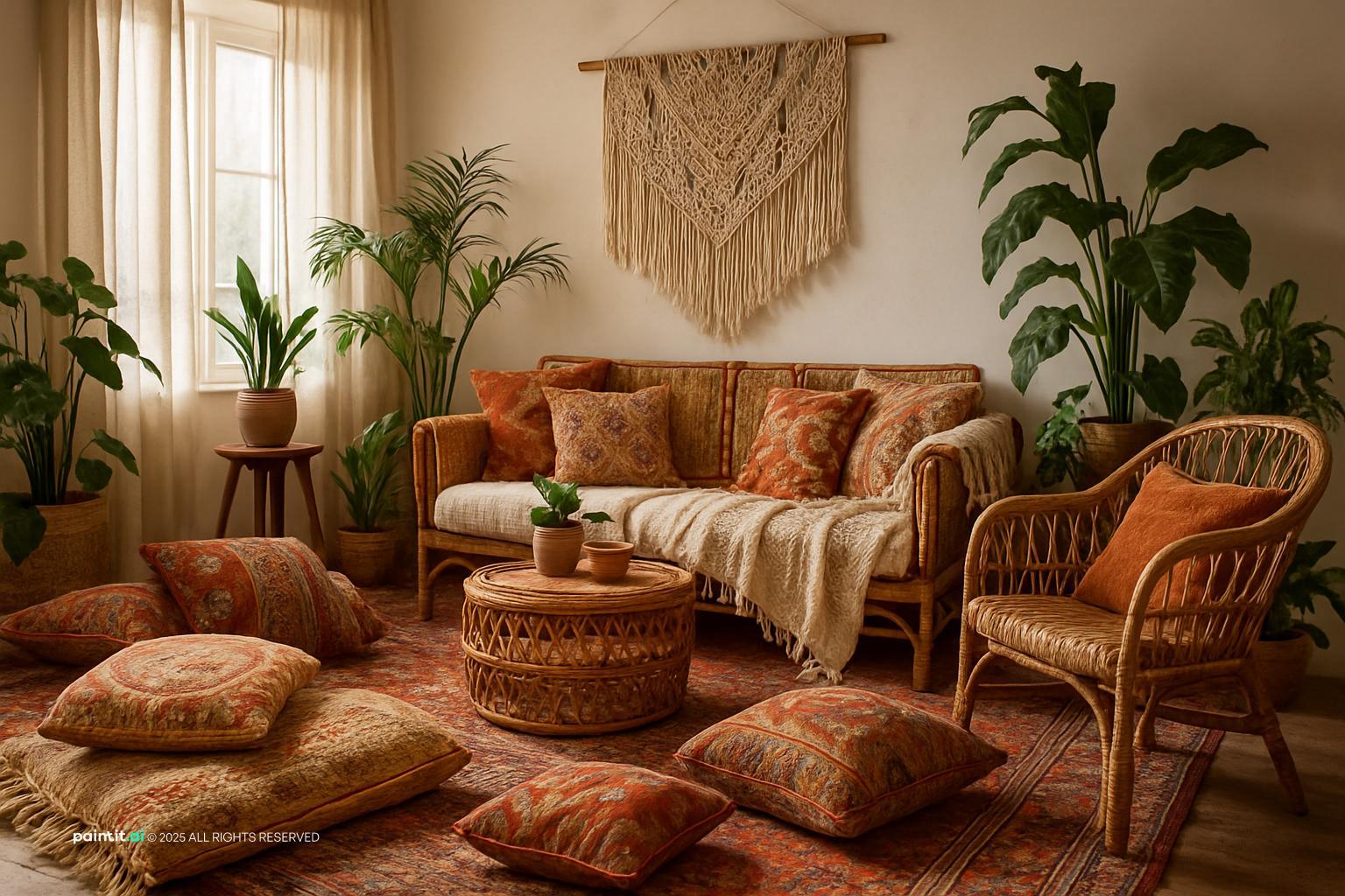 Boho living room with floor cushions, a rattan chair, a macrame hanging and many plants