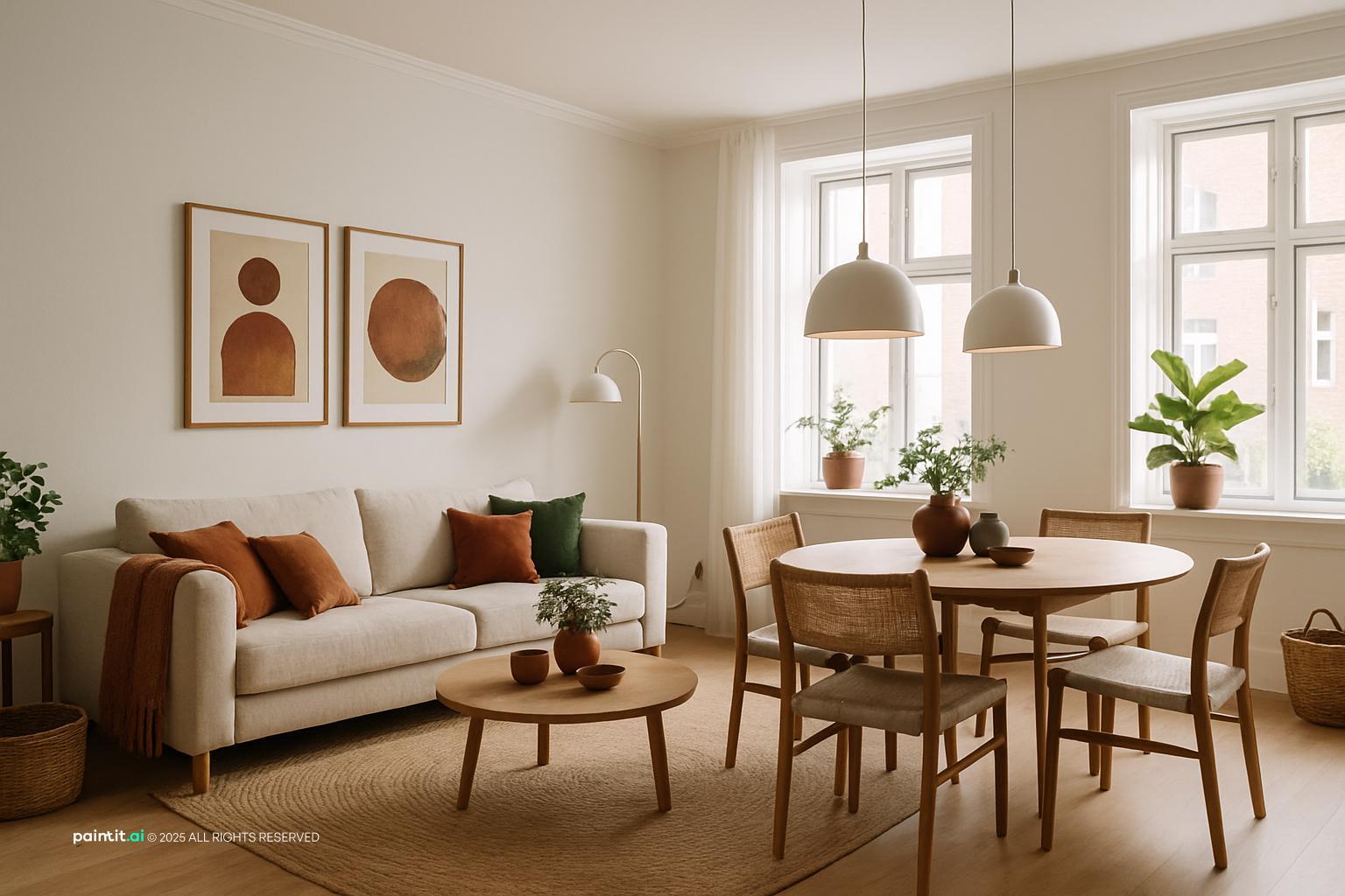 Open-plan living and dining room with a white sofa, a round dining table, paper pendants and abstract art