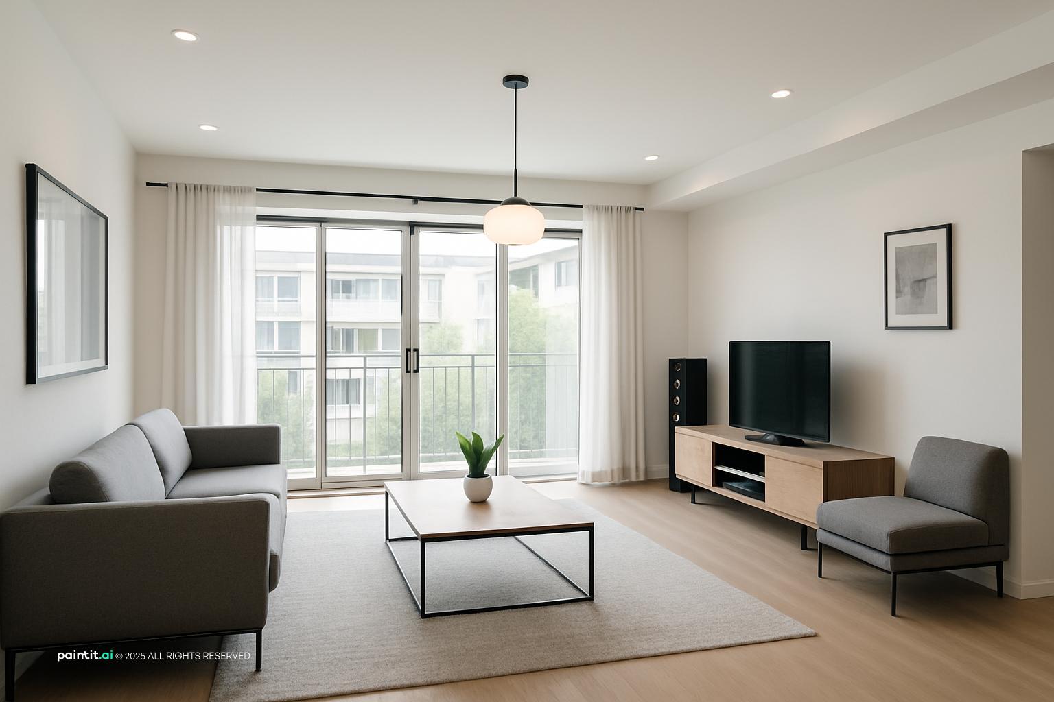 Open living room with a charcoal sofa, a matching armchair, a black-framed coffee table and a pale rug