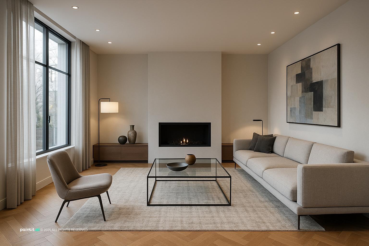 Contemporary Minimalist Living Room Design showing metal accents, clean-lined furniture, layered neutrals for Contemporary Living Room Ideas.