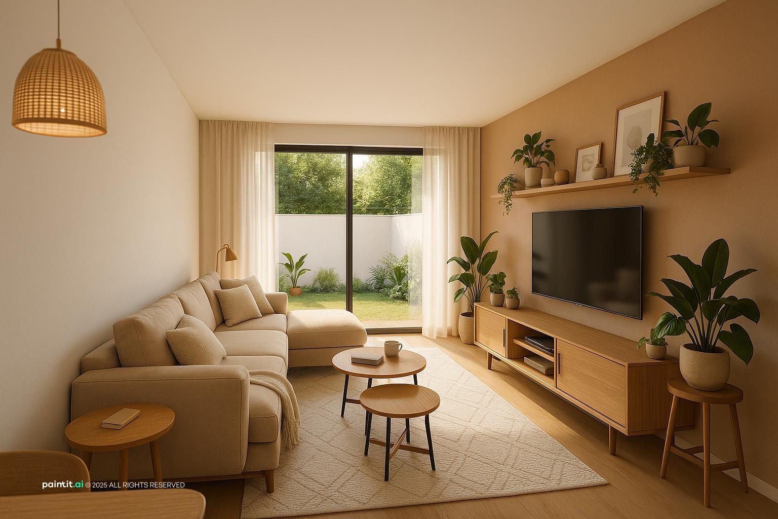 Malibu-inspired living room with warm whites, natural wood, and indoor-outdoor light