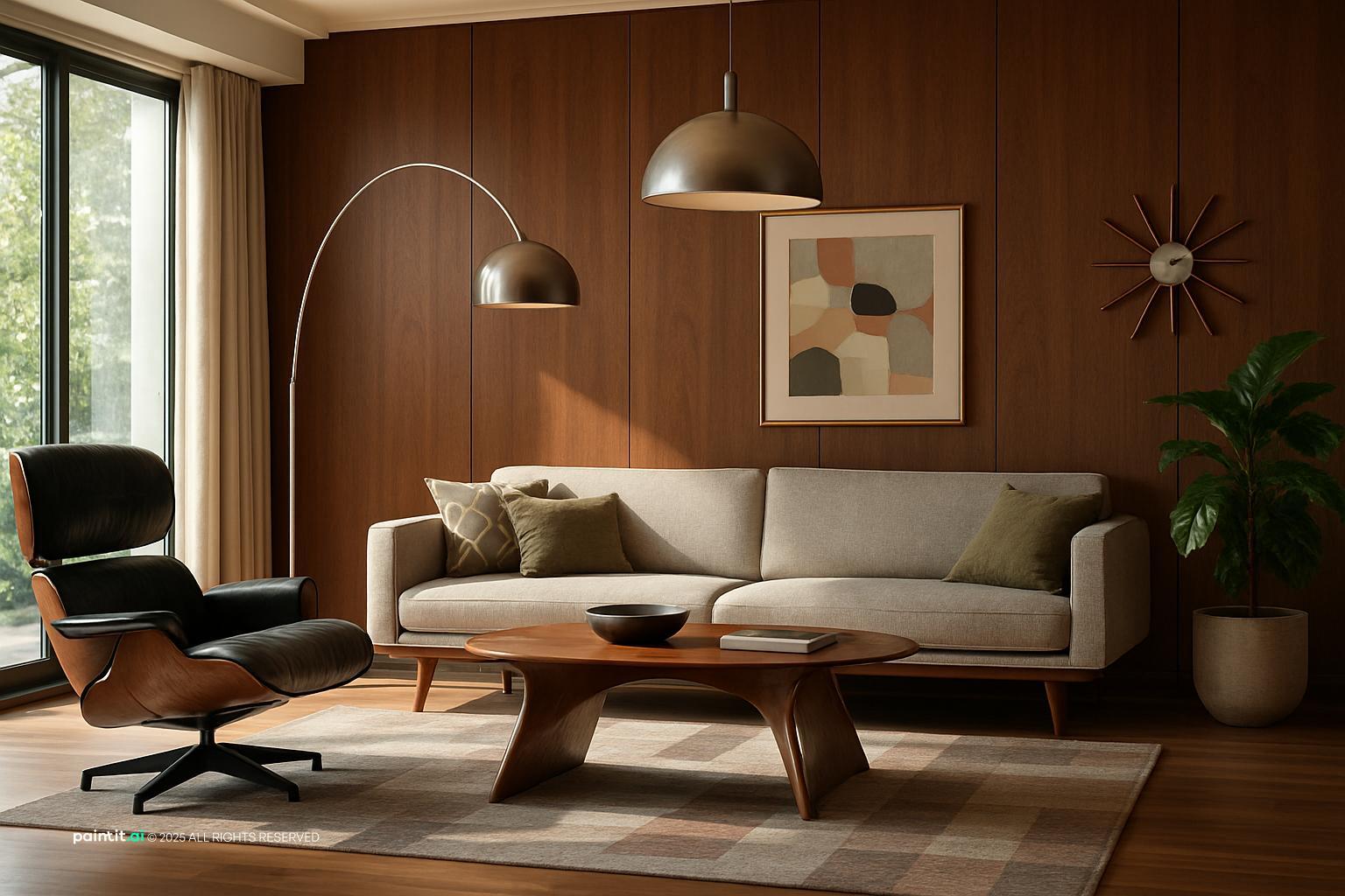 Mid century living room with a lounge chair, walnut walls and a sculptural coffee table