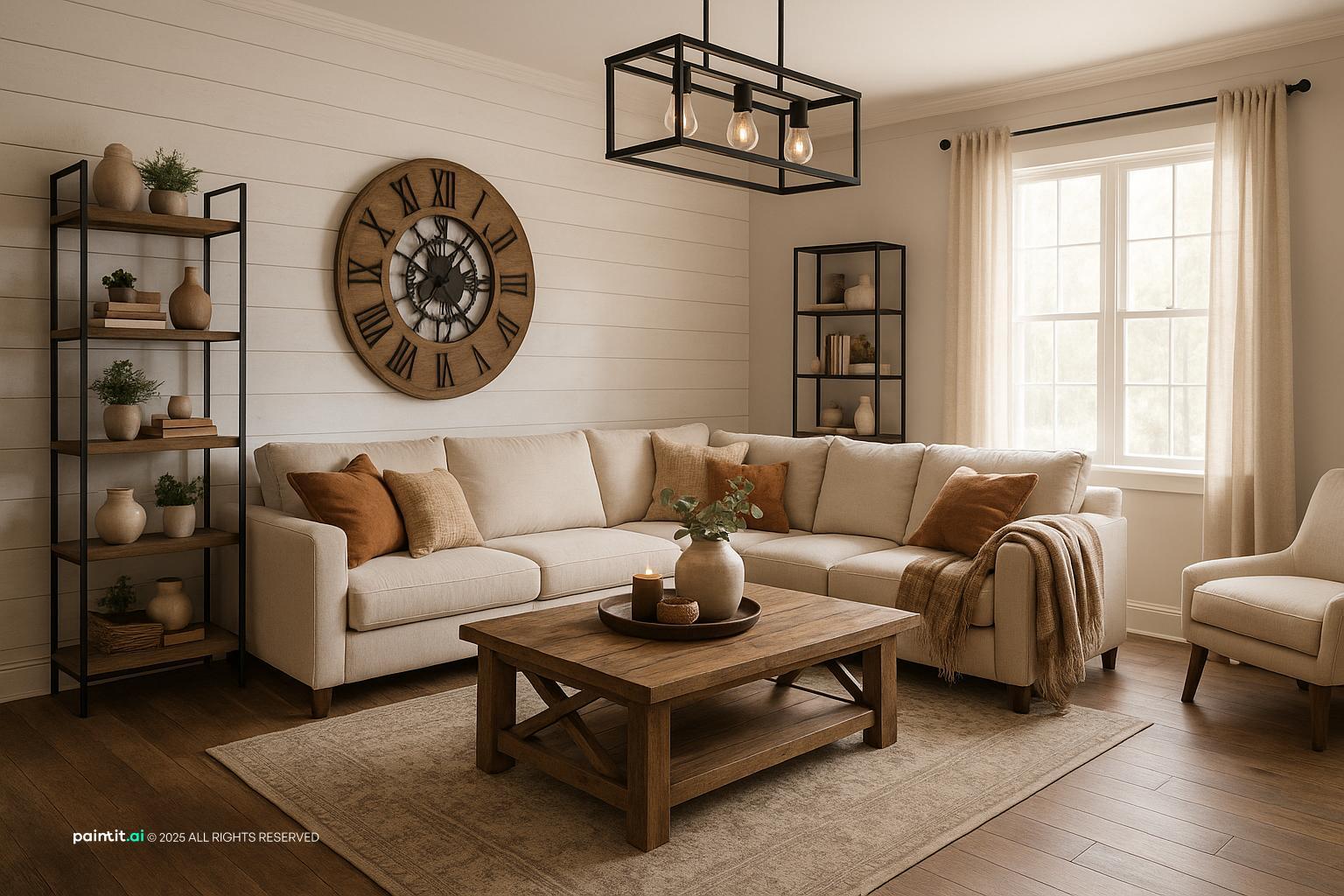 Farmhouse living room with white shiplap walls, a wall clock, metal shelving and a cream sectional