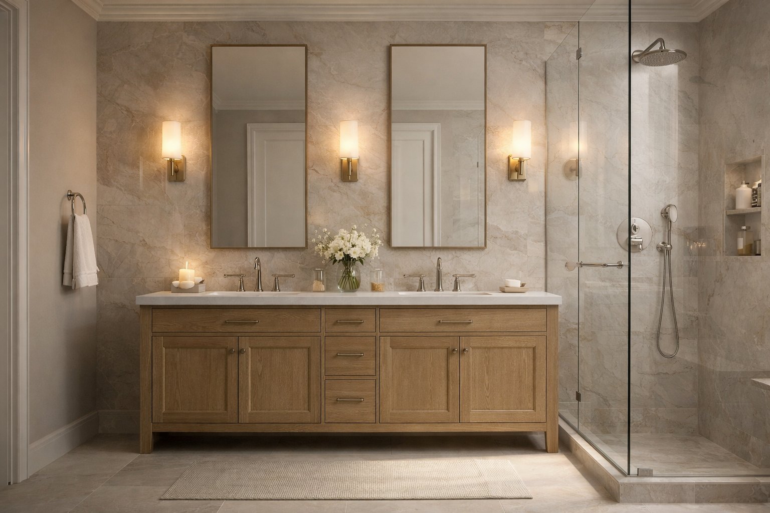 Bathroom visualization showing strong vanity placement, balanced materials, and realistic spa-like composition