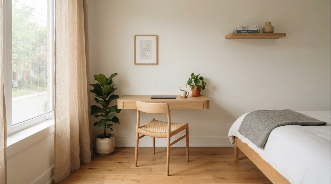photorealistic small bedroom home office corner, Scandinavian style, wall-mounted desk, oak floor