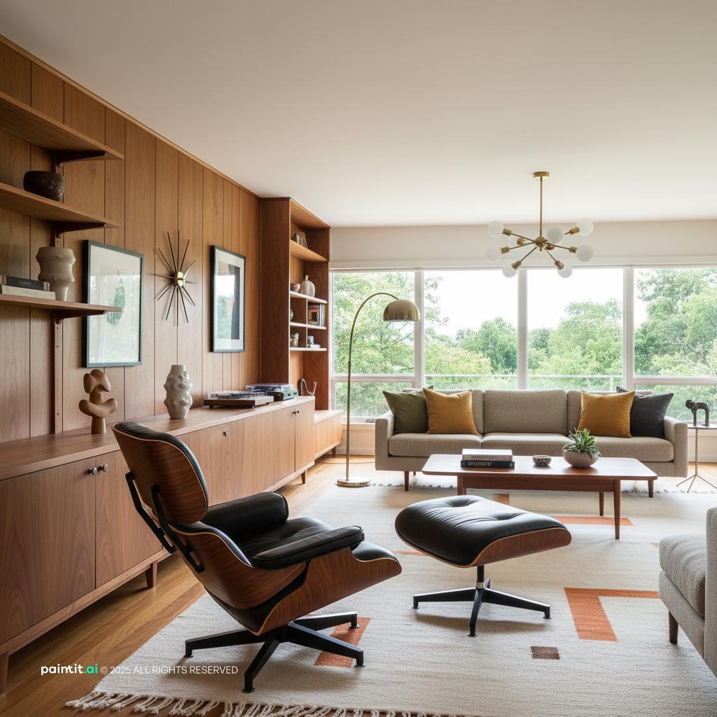 Mid century living room with built-in wood shelves, a lounge chair and a sputnik light