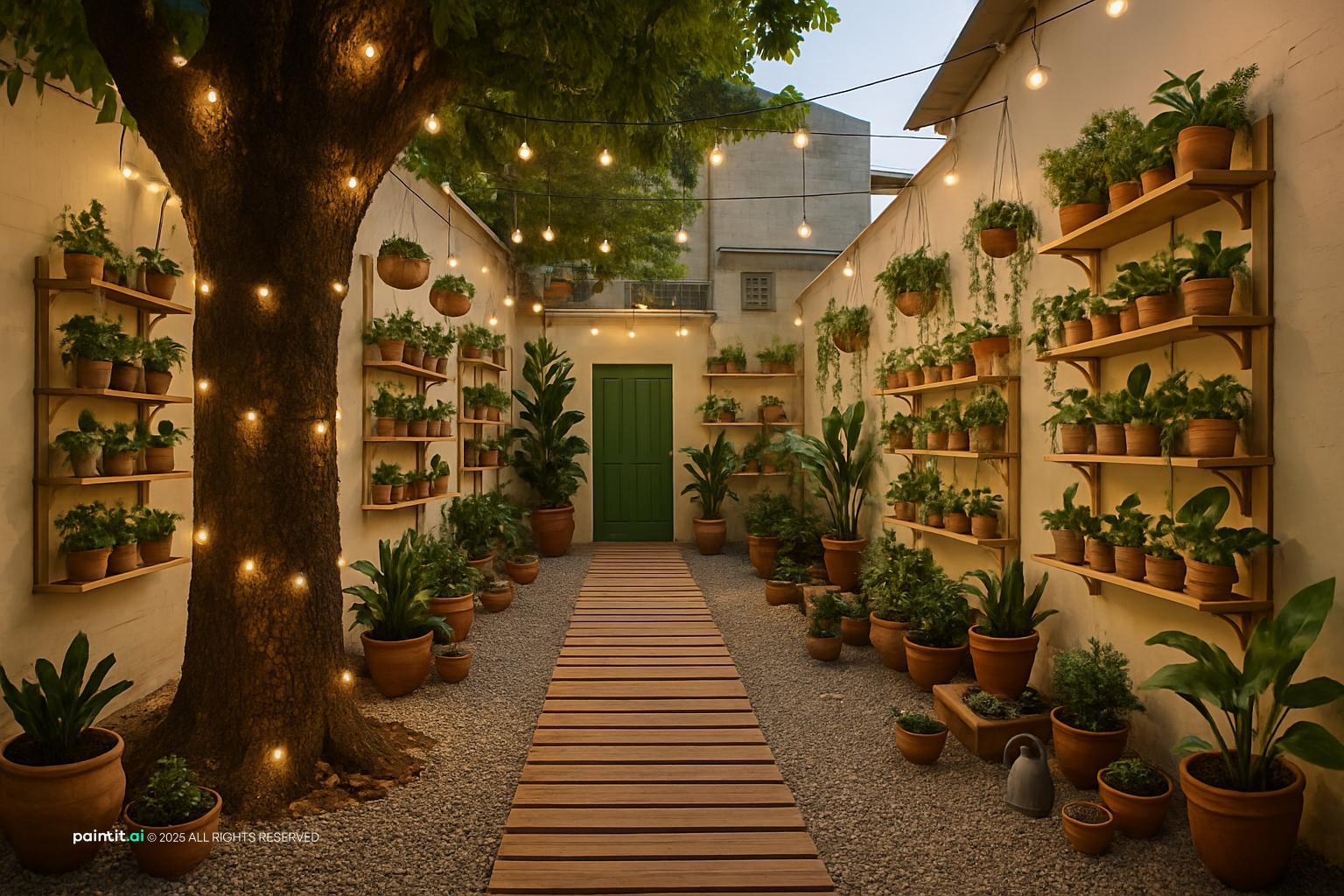 Backyard plant shop with wall-mounted pots, string lights and a wooden path