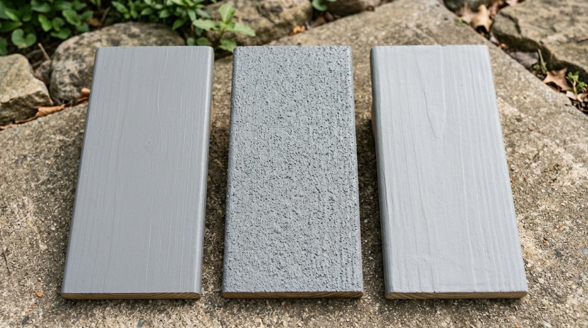 top-down flat-lay of three different painted deck board samples side by side &mdash; smooth satin gray porch-and-floor finish
