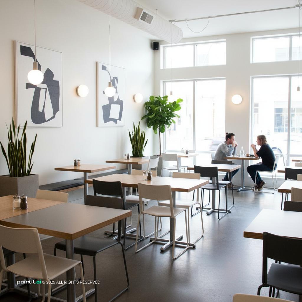 Minimalist white restaurant with abstract art and plants