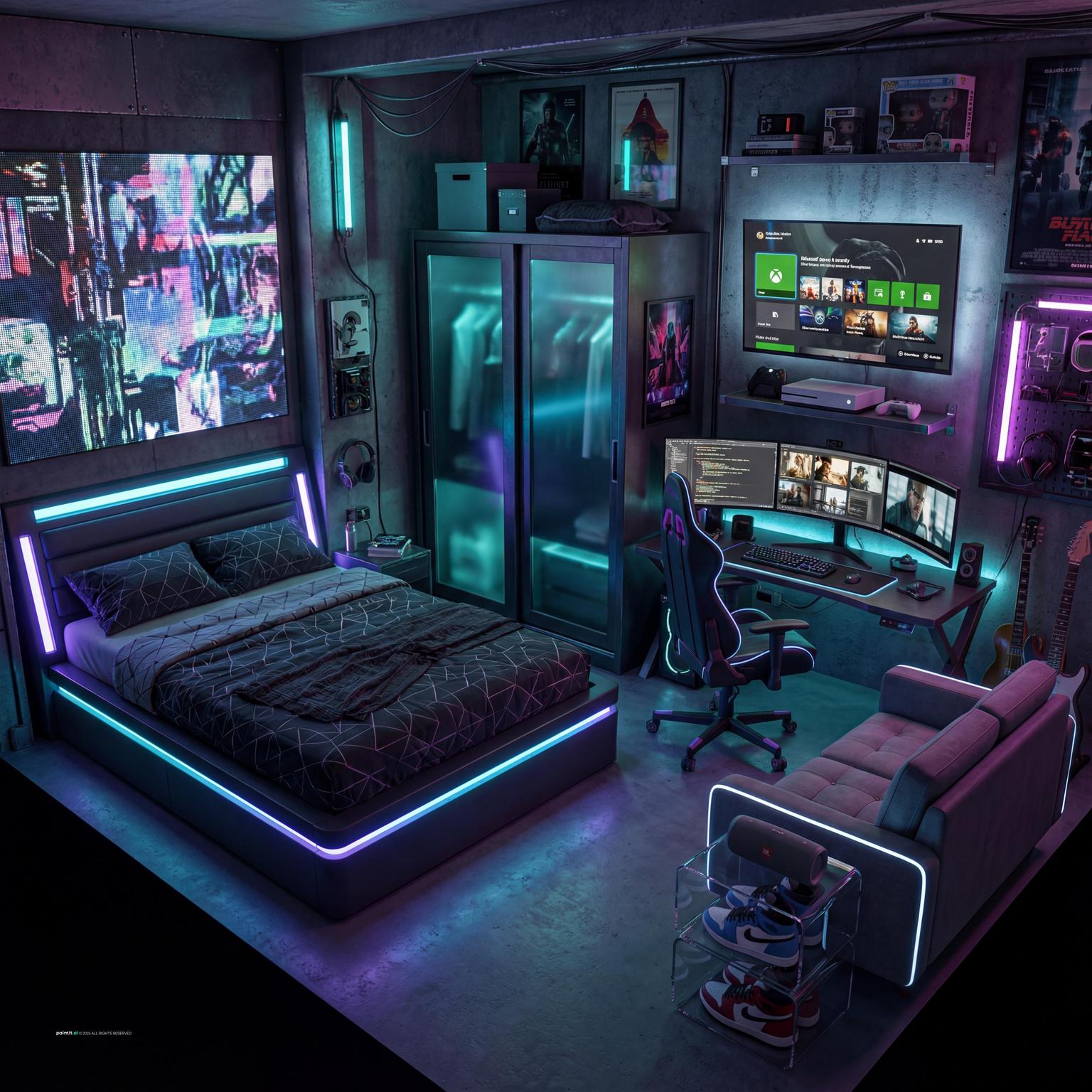 Futuristic Cyberpunk Bedroom with Neon Lighting for Futuristic Style Interior Design