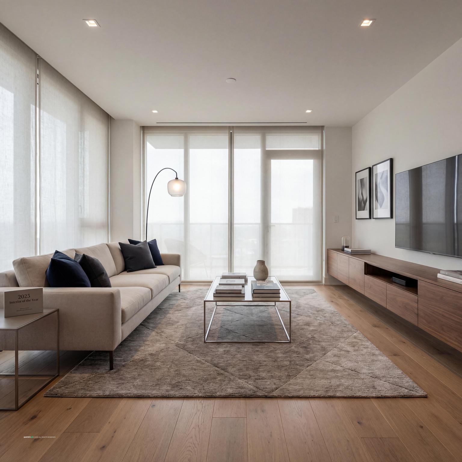 Award-Winning Contemporary Living Room Design with floor to ceiling windows and a calm living room atmosphere.